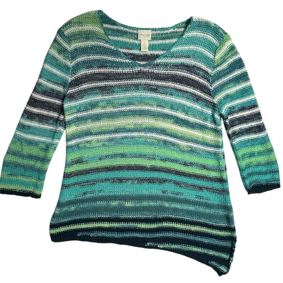 Chico's Asymmetric Hem Variegated Striped Sweater Turquoise Blue White Women M - Picture 6 of 10
